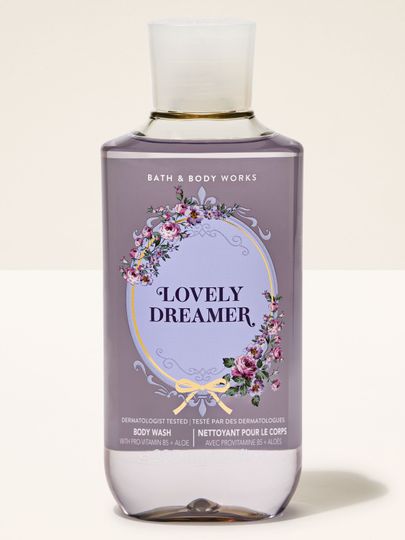 Żel do mycia ciała Lovely Dreamer od Bath & Body Works w fioletowej butelce z klapką i kwiatową etykietą.
