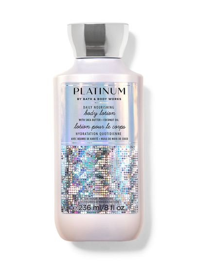 Loțiune albă de corp cu motiv cu sclipici și denumirea "Platinum", Bath & Body Works.