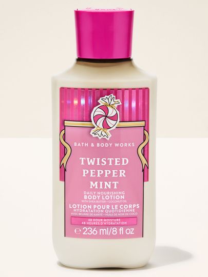 Balsam do ciała Twisted Peppermint Bath & Body Works z motywem miętowego cukierka i złotej kokardy