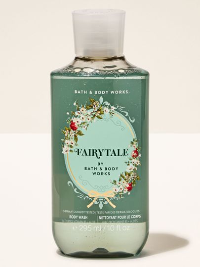 Żel do mycia ciała Fairytale od Bath & Body Works w zielonej butelce z klapką i kwiatową etykietą.