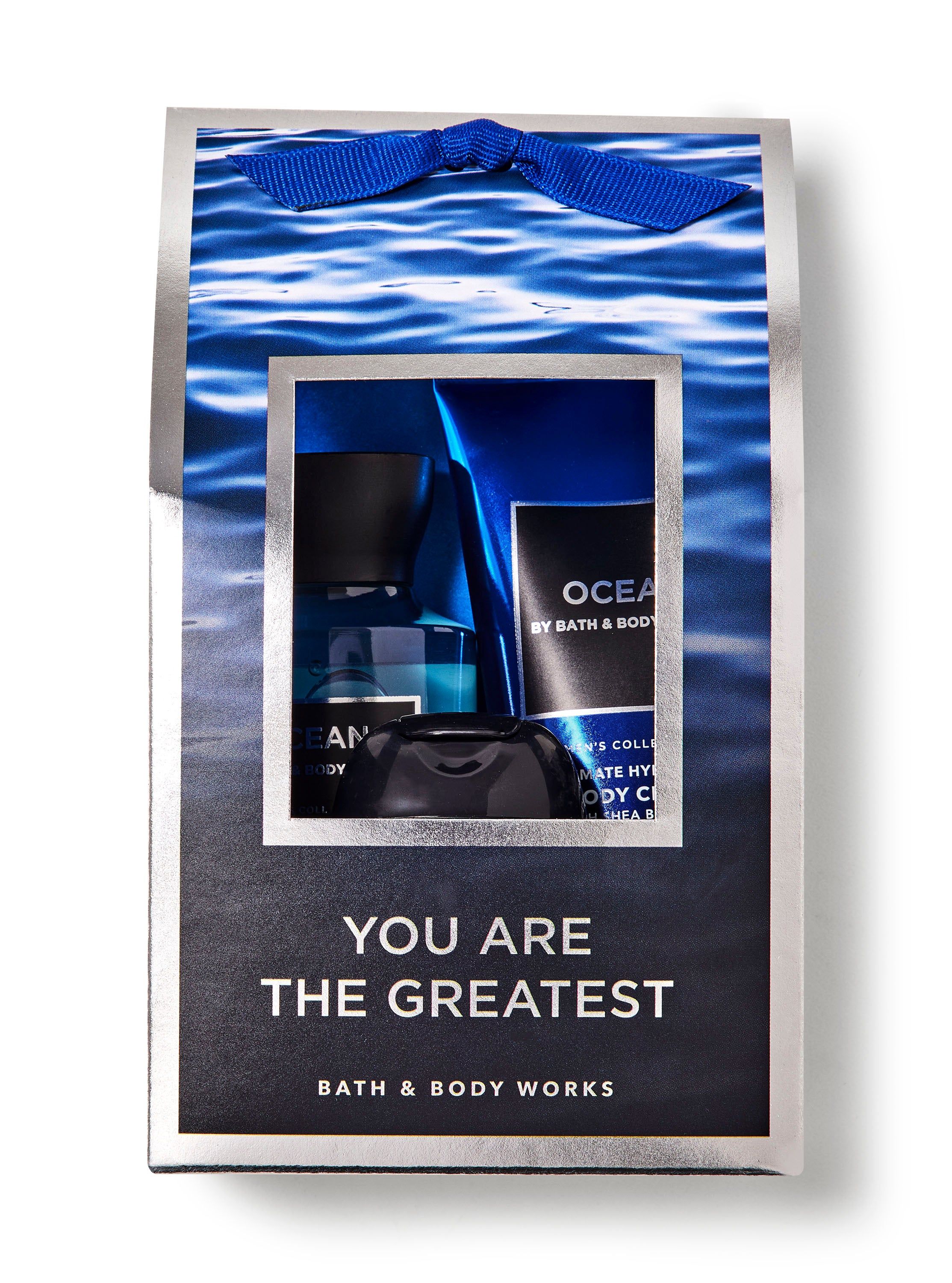 Zestaw Bath & Body Works Ocean dla niego: żel, balsam, PocketBac i pudełko prezentowe.