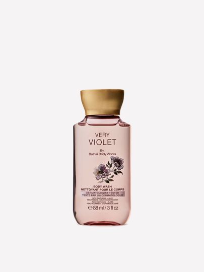 Żel do mycia ciała Very Violet Bath & Body Works z fiołkowymi kwiatami na etykiecie