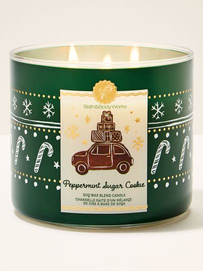 Świeca zapachowa Peppermint Sugar Cookie Bath & Body Works z 3 knotami i motywem samochodu z prezentami