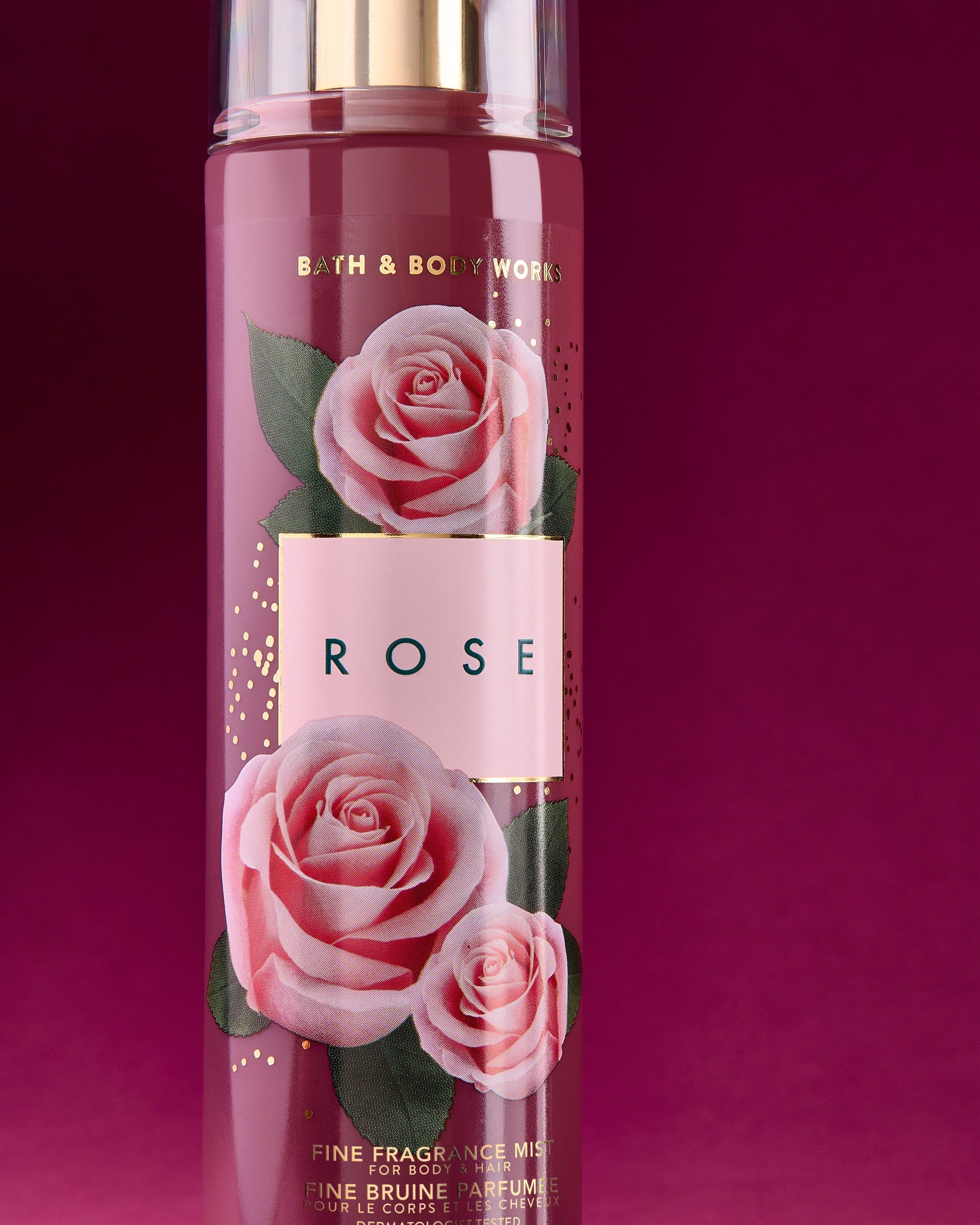Bath & Body Works Rose – różowa mgiełka z motywem róż i złotym atomizerem, o delikatnym kwiatowym aromacie.