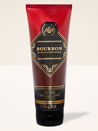 Bath & Body Works Bourbon – krem do ciała dla mężczyzn w tubie w odcieniach czerni i burgundu z ozdobną etykietą.