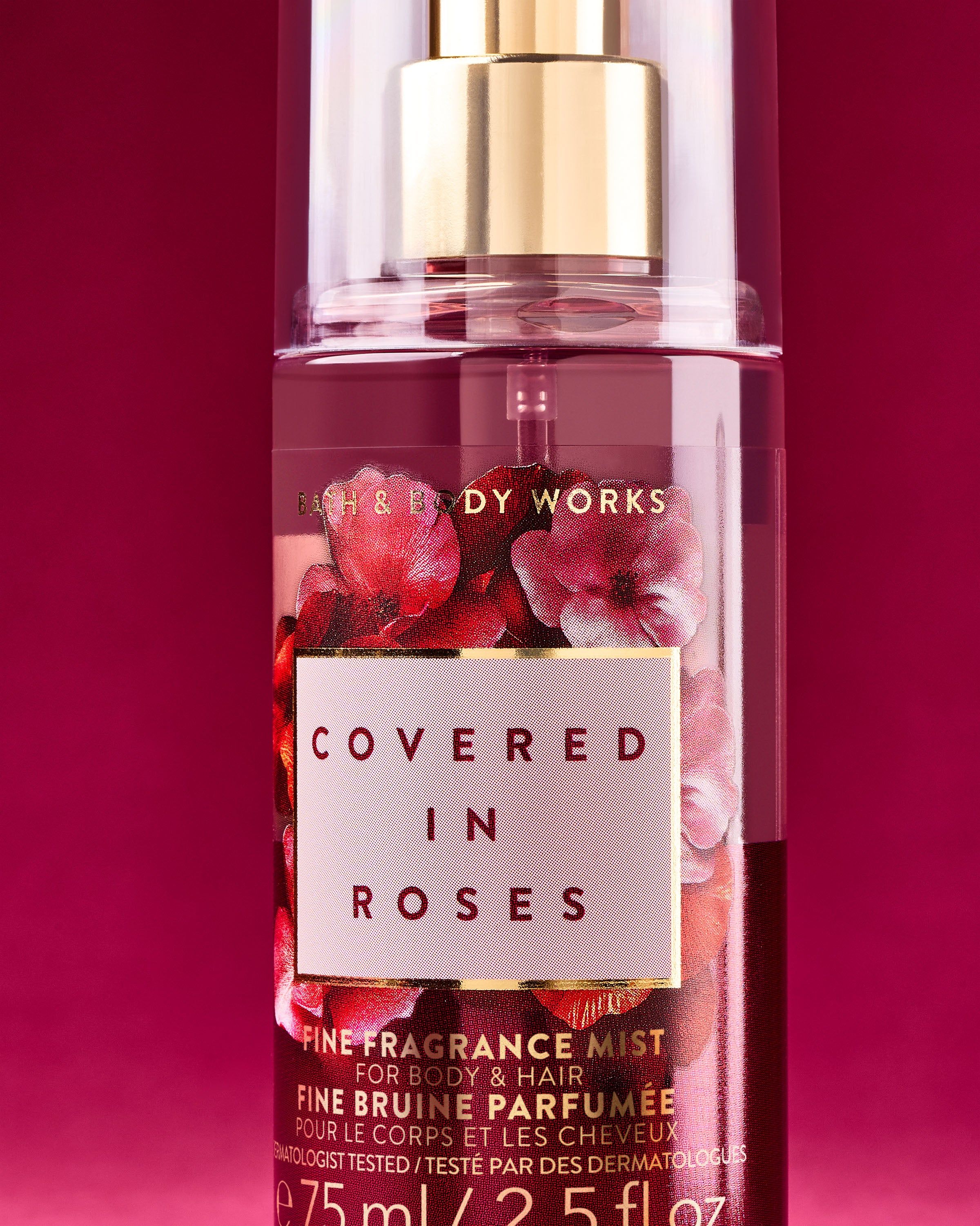 Bath & Body Works Covered in Roses – różowa mgiełka z motywem róż i złotym atomizerem, do ciała i włosów.