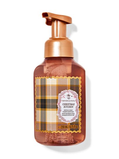 Mydło w piance Christmas Kitchen Bath & Body Works z etykietą w kratę i świątecznym motywem