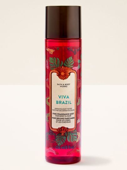 Mgiełka zapachowa Viva Brazil od Bath & Body Works w czerwonej butelce z atomizerem i egzotyczną, dekoracyjną grafiką.