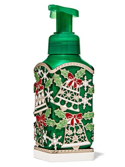 Ozdobna nakładka na mydło w pianie Bath & Body Works z motywem dzwonków, ostrokrzewu i płatków śniegu