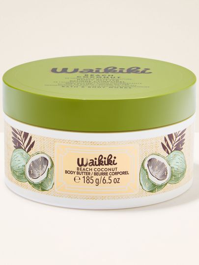 Masło do ciała Bath & Body Works Waikiki Beach Coconut z kokosowym motywem i zieloną pokrywką.