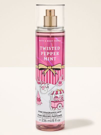 Perfumowana mgiełka do ciała Twisted Peppermint Bath & Body Works z zimowym motywem bałwanka i lasek cukrowych