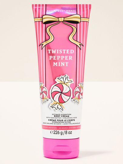 Krem do ciała Twisted Peppermint Bath & Body Works z motywem miętowych cukierków i złotej kokardy