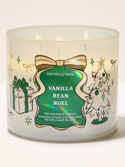 Świeca zapachowa Vanilla Bean Noel Bath & Body Works z 3 knotami i motywem choinki oraz prezentu
