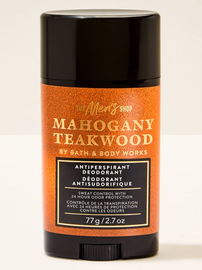 Dezodorant w sztyfcie Bath&Body Works Mahogany Teakwood. Czarny sztyft z błyszczącą, brązową etykietą z napisami.