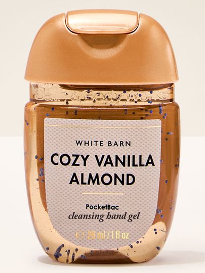 Oczyszczający żel do rąk PocketBac Cozy Vanilla Almond White Barn z niebieskimi drobinkami