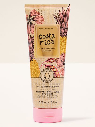 Nawilżający żel pod prysznic Costa Rica Pink Pineapple Sunrise w tubie z tropikalną grafiką ananasa i różowymi akcentami.