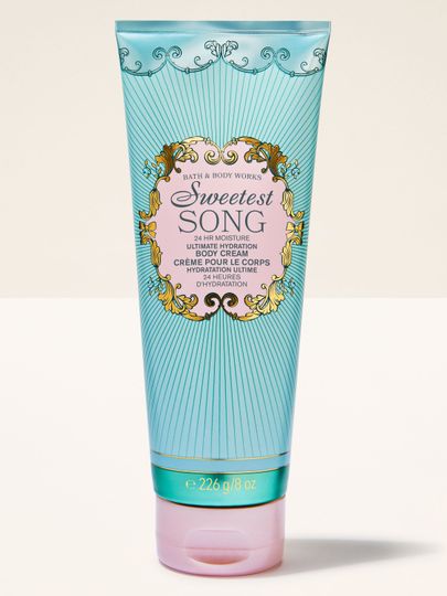 Krem do ciała Sweetest Song Bath & Body Works w turkusowej tubie z ozdobną etykietą
