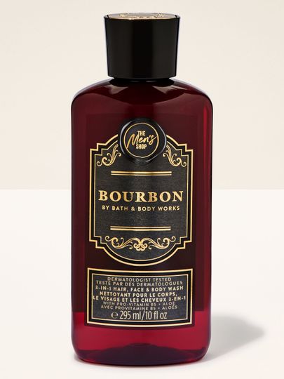 Bath & Body Works Bourbon – żel 3‑w‑1 do włosów, twarzy i ciała w ciemnym flakonie z ozdobną etykietą.