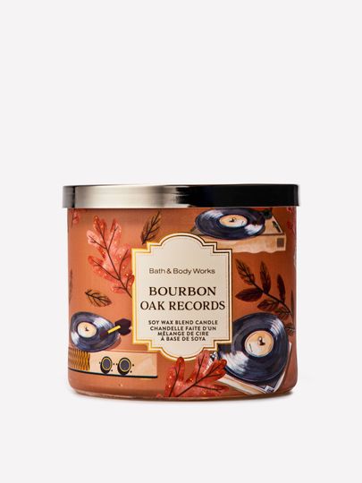 Świeca zapachowa Bath & Body Works Bourbon Oak Records z mieszanki wosku sojowego, 3 knoty