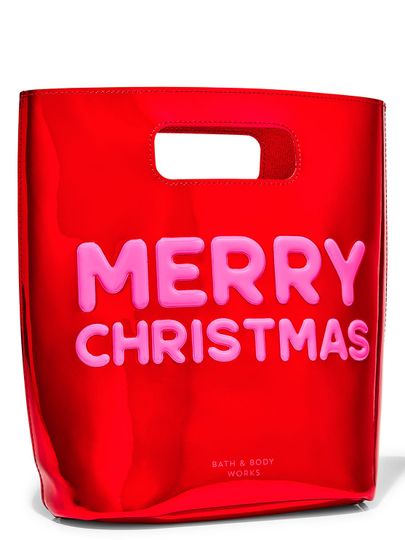 Geantă de cadouri roșie, lucioasă, cu un text roz, în relief, "Merry Christmas", Bath & Body Works.