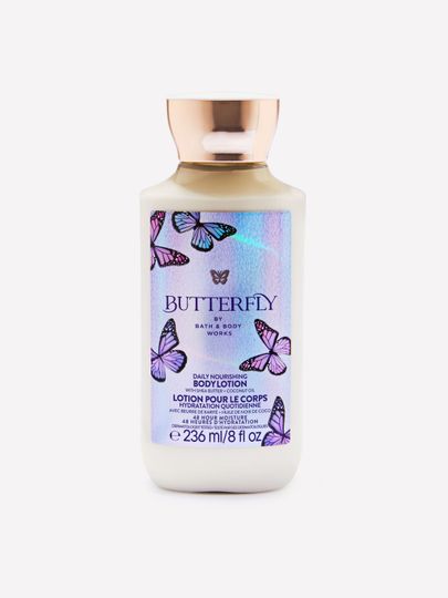 Balsam do ciała Butterfly Bath & Body Works w jasnej butelce z holograficzną etykietą i motywem motyli