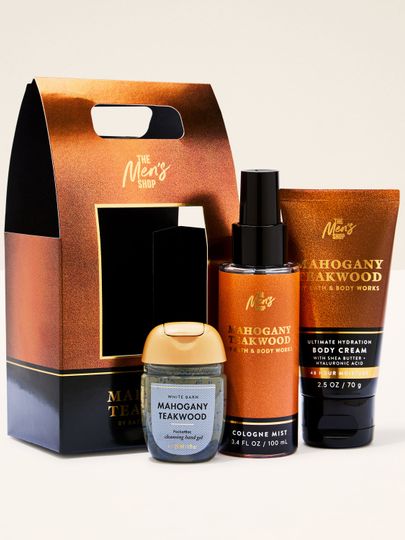 Zestaw prezentowy Mahogany Teakwood z mgiełką, kremem do ciała i żelem do rąk w praktycznym opakowaniu — gotowy do podarowania.