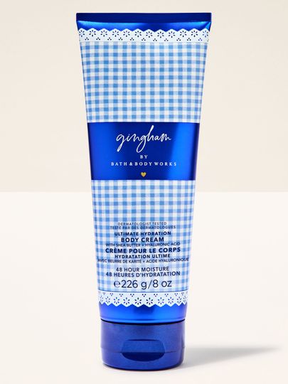 Krem do ciała Bath & Body Works Gingham 226 g w niebieskiej tubie z klasycznym wzorem gingham.