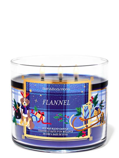 Świeca zapachowa Flannel Bath & Body Works z 3 knotami i motywem psa oraz sanek z prezentami