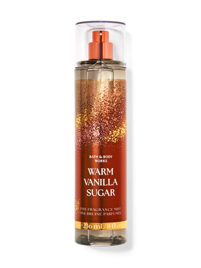 Mgiełka Warm Vanilla Sugar Bath & Body Works – złoto‑brązowy design i ciepły, słodki waniliowy aromat.
