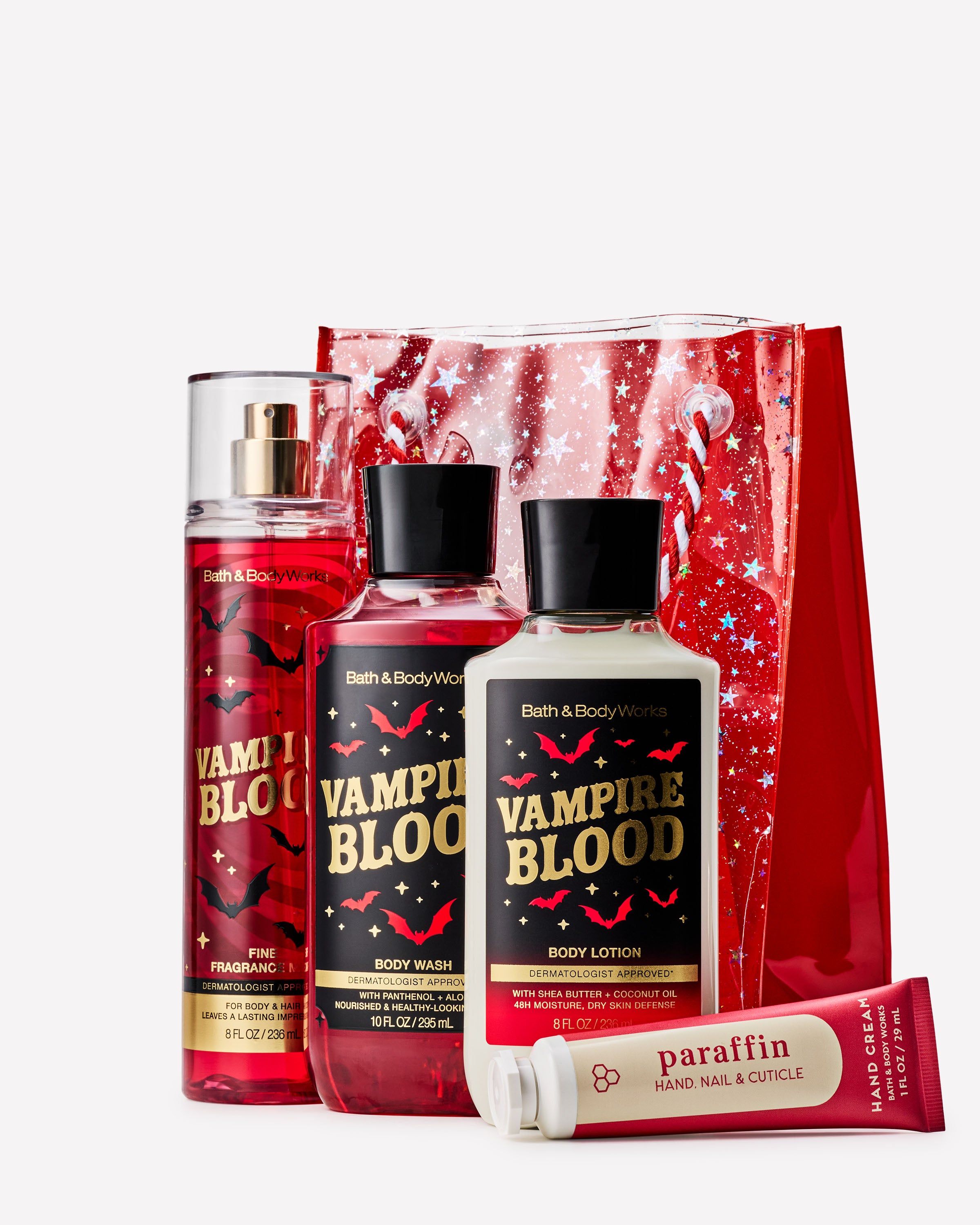 Zestaw Vampire Blood Bath & Body Works w czerwonej kosmetyczce z brokatowymi gwiazdkami
