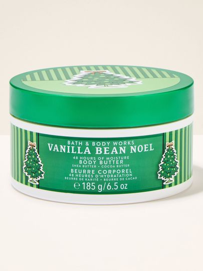 Masło do ciała Vanilla Bean Noel Bath & Body Works z motywem choinek i zielonych pasów