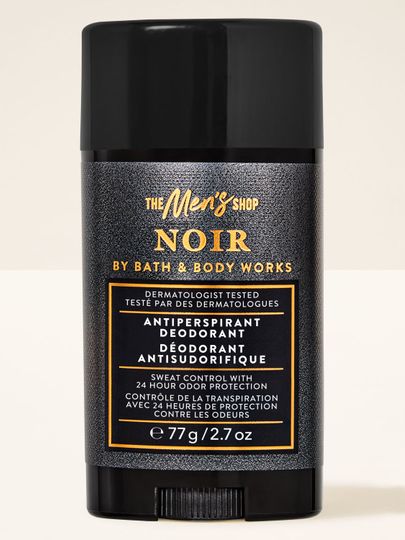 Dezodorant w sztyfcie Bath&Body Works Noir. Czarny sztyft z błyszczącą, czarną etykietą z napisami w złotym kolorze.