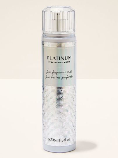 Spray parfumat „Platinum” în ambalaj argintiu, strălucitor, cu paiete holografice. Bath & Body Works.