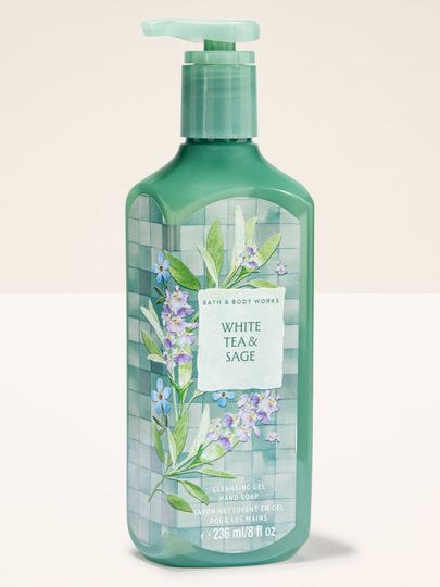 Żel do mycia rąk Bath & Body Works White Tea & Sage 236 ml w zielonej butelce z roślinnym motywem.