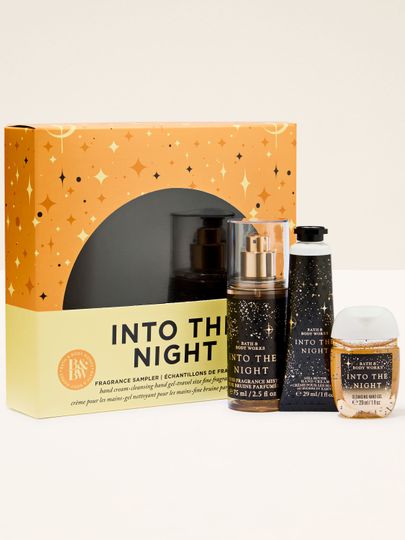 Zestaw Into the Night od Bath & Body Works w złoto‑czarnym pudełku – mgiełka, krem i żel antybakteryjny.
